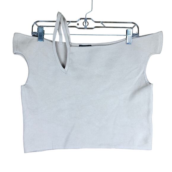 Express Womens Shirt Tan Off Shoulder Crop Top Minimalist Stretch Large - Picture 1 of 9